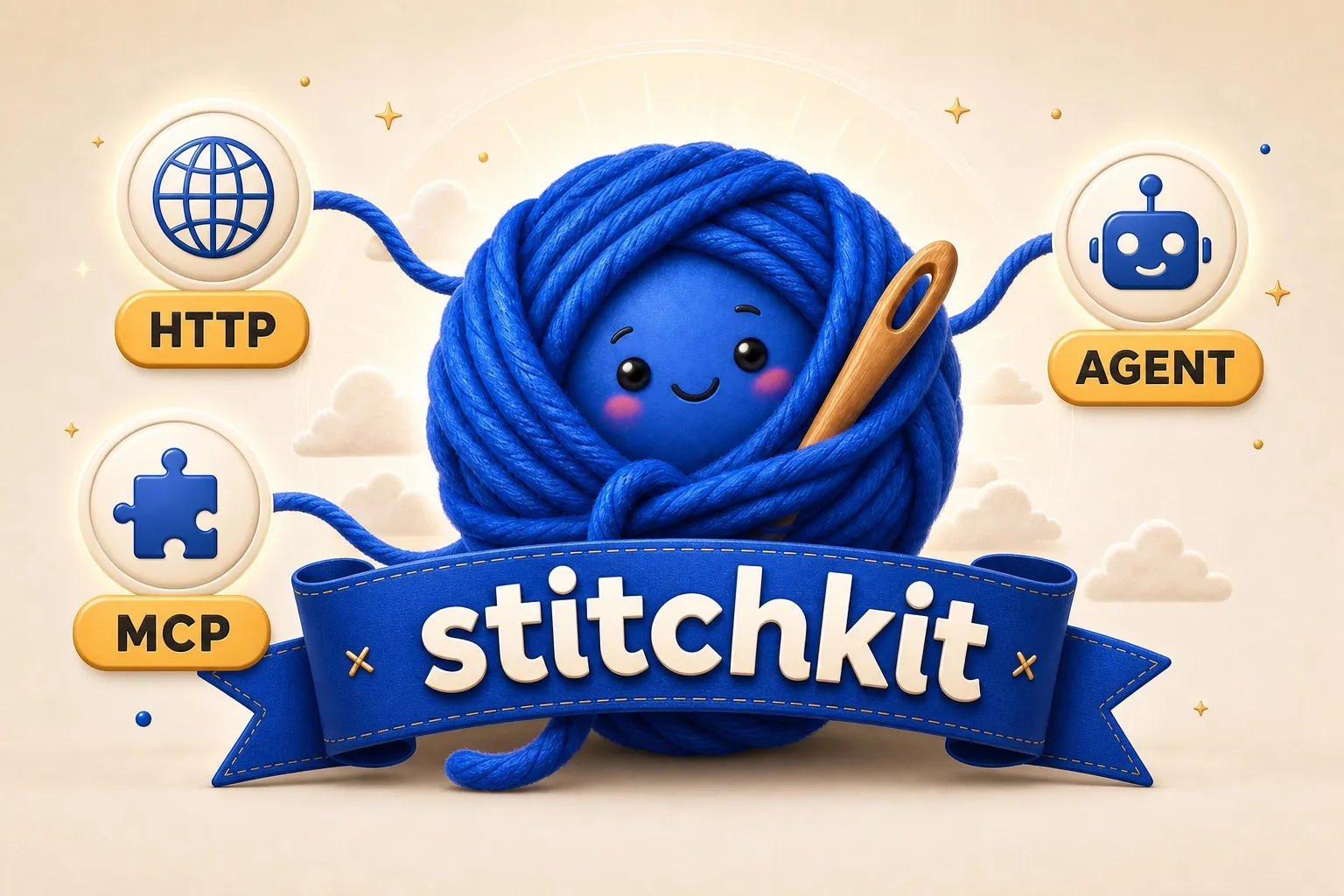 stitchkit mascot connected to HTTP, MCP and AGENT badges