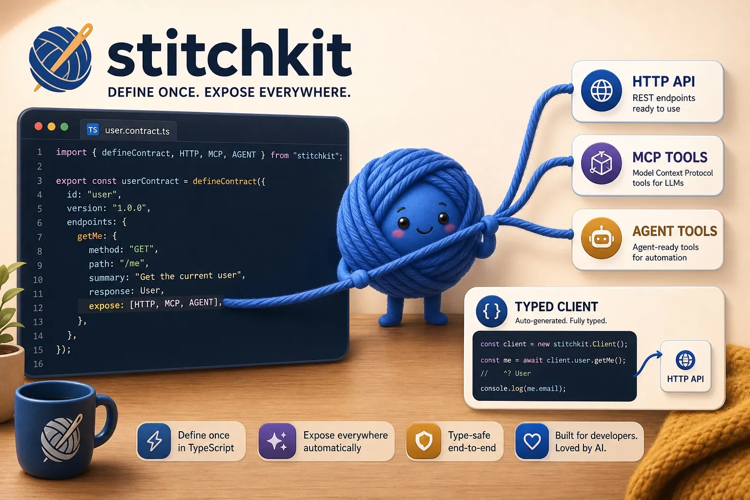 One contract file expands into an HTTP API, MCP tools, agent tools and a typed client